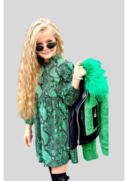 Peluş Ceketli Kız Çocuk Elbise Yeşil