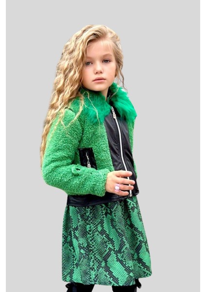 Peluş Ceketli Kız Çocuk Elbise Yeşil modelleri
