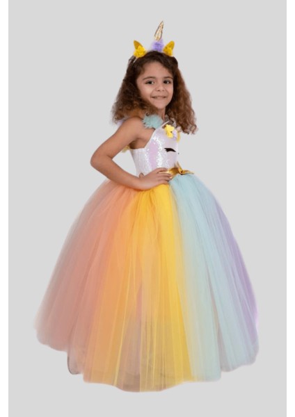 Gold Detay Taç Dahil Kız Çocuk Unicorn Kostüm