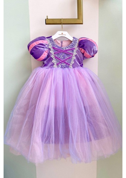 Rapunzel Kız Çocuk Kostüm Kadife Kollu Lila Hotcouture