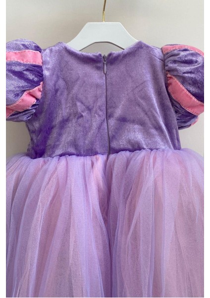 Rapunzel Kız Çocuk Kostüm Kadife Kollu Lila Hotcouture modelleri