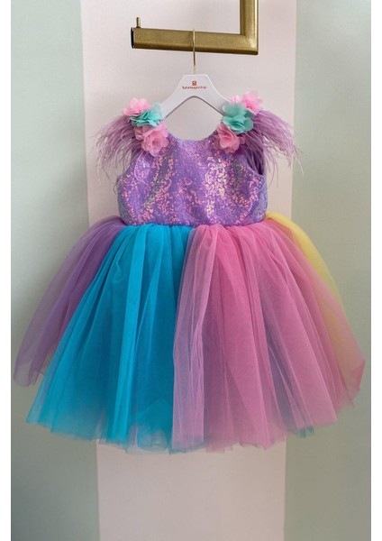 Üst Payetli Renkli Tütülü Bebek Abiye Elbise Lila