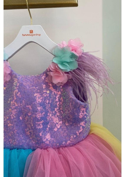 Üst Payetli Renkli Tütülü Bebek Abiye Elbise Lila fiyatları