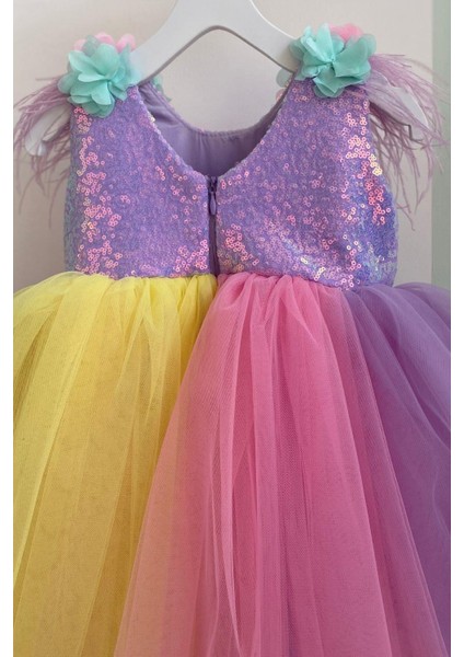 Üst Payetli Renkli Tütülü Bebek Abiye Elbise Lila modelleri