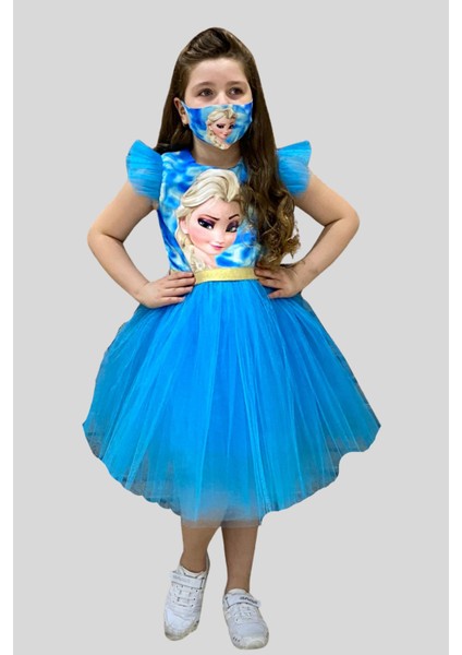 Maske Hediyeli Tül Detay Elsa Elbise