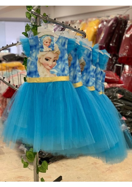 Maske Hediyeli Tül Detay Elsa Elbise