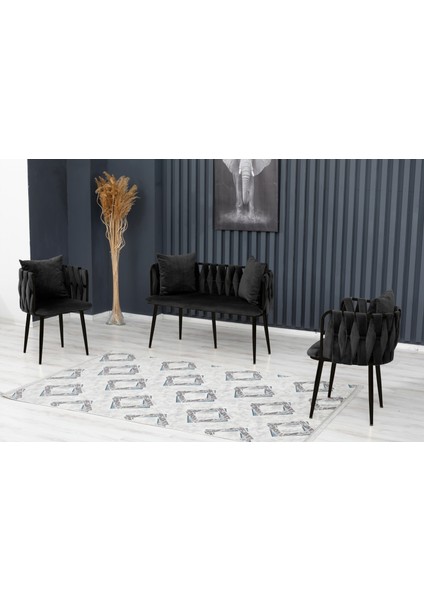 Sarmaşık Çay Seti Takımı Koltuk Takımı Oturma Odası Kafe Antre Hol Ofis 2+1+1 Siyah Metal