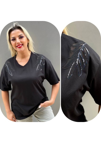 Transparan Tül Pul Payet Kadın T-Shirt