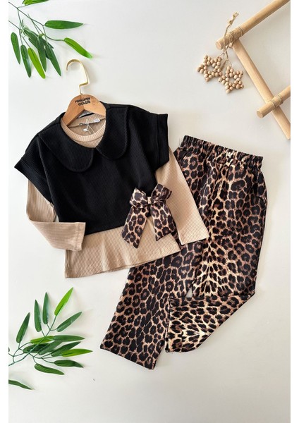Leopar Fiyonk Detaylı 3 Lü Kız çocuk takım - Kahve
