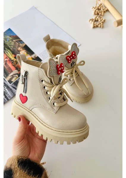 Ortopedik Kalp Detaylı Bağcıklı Fermuarlı kız çocuk bot - Krem