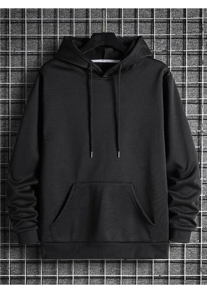 Unisex Siyah Kapüşonlu Kanguru Cepli Sweatshirt