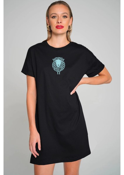 Benekli Kuzu Siyah Kısa Kollu Penye T-Shirt Elbise