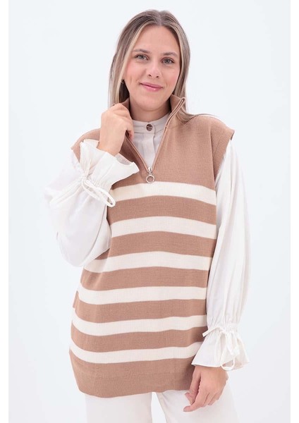 Bisküvi-Ekru-Çizgili Fermuarlı Triko Süveter