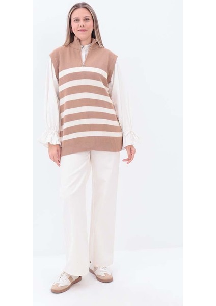 Bisküvi-Ekru-Çizgili Fermuarlı Triko Süveter fiyatları