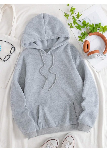 Unisex Gri Kapüşonlu Kanguru Cepli Sweatshirt