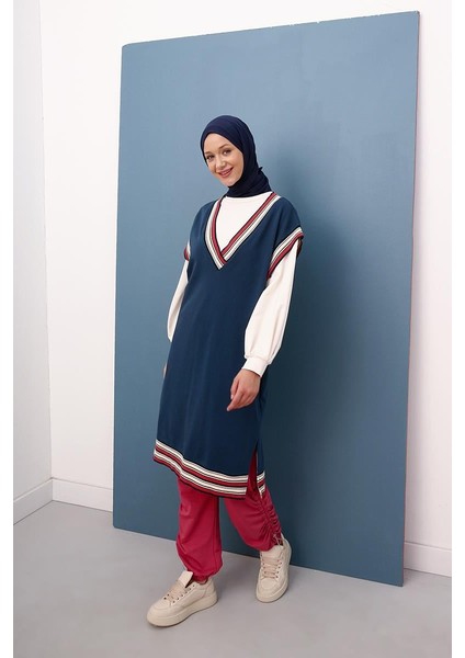 Koyu Indigo-Triko Bantlı V Yaka Uzun Süveter