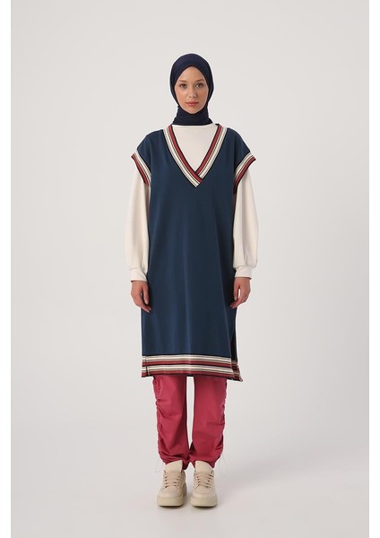 Koyu Indigo-Triko Bantlı V Yaka Uzun Süveter fiyatları