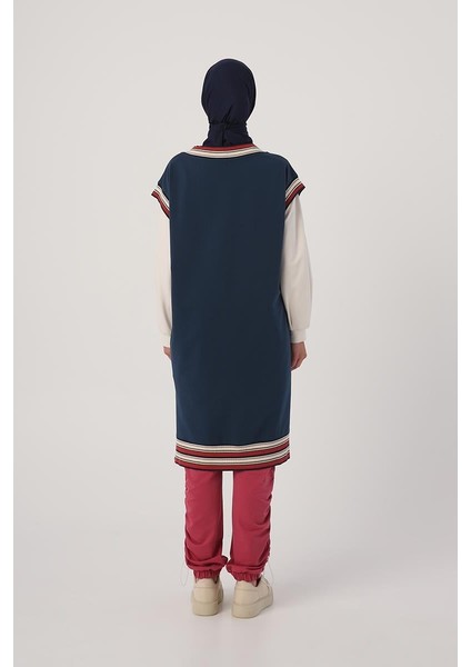 Koyu Indigo-Triko Bantlı V Yaka Uzun Süveter fırsatları