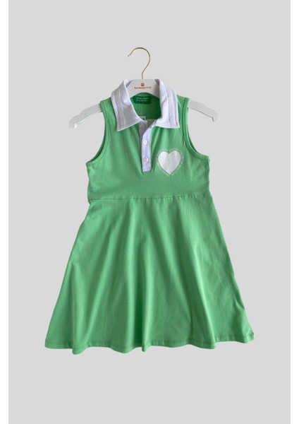 4-14 Yaş Benetton Polo Yaka Kalpli Kız Çocuk Elbise Yeşil