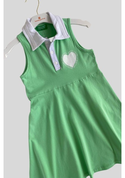 4-14 Yaş Benetton Polo Yaka Kalpli Kız Çocuk Elbise Yeşil modelleri