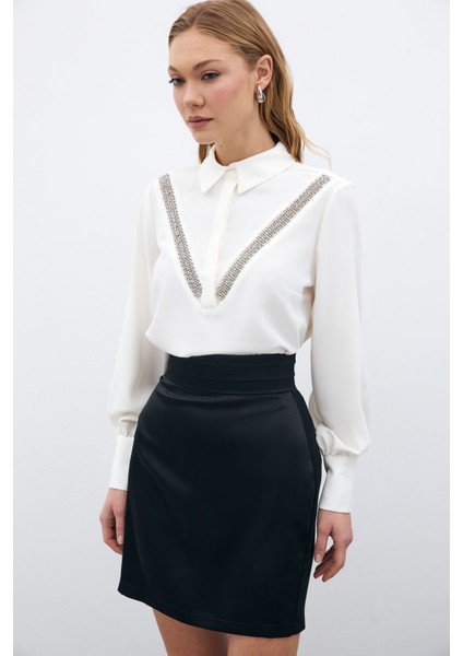 Şerit Aksesuarlı Bluz - Ekru modelleri