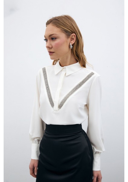Şerit Aksesuarlı Bluz - Ekru indirimleri