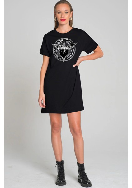 Kanatlı Hançer Siyah Kısa Kollu Penye T-Shirt Elbise