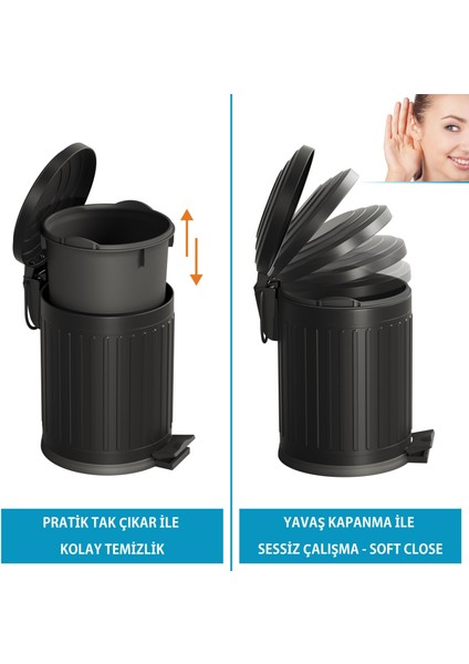 Midas Klozet Fırçası + Çöp Kovası 5 Lt -2 Parça Set, Mat Siyah