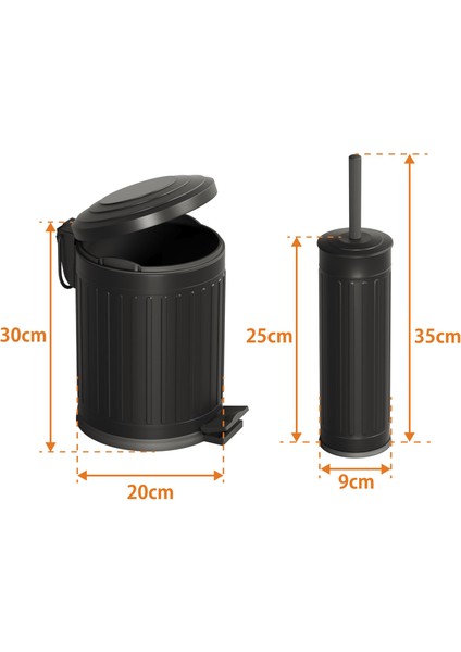 Midas Klozet Fırçası + Çöp Kovası 5 Lt -2 Parça Set, Mat Siyah