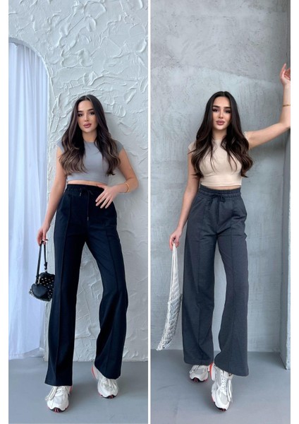 Siyah-Antrasit Kadın Mevsimlik Salaş Geniş Paça Yüksek Bel 2'li Eşofman Altıc MRB102