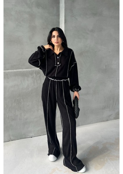 Siyah Ters Dikiş Detay Polo Yaka Triko Takım