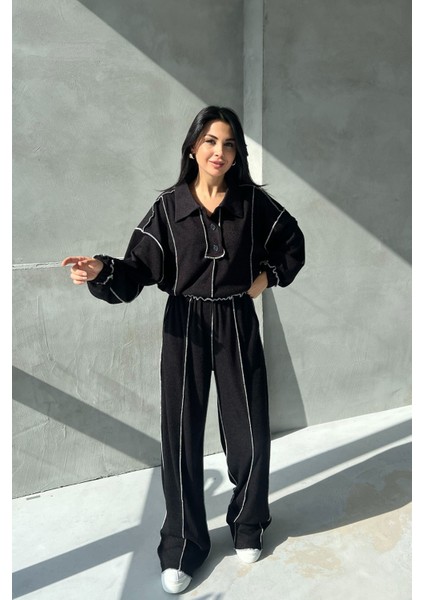 Siyah Ters Dikiş Detay Polo Yaka Triko Takım modelleri