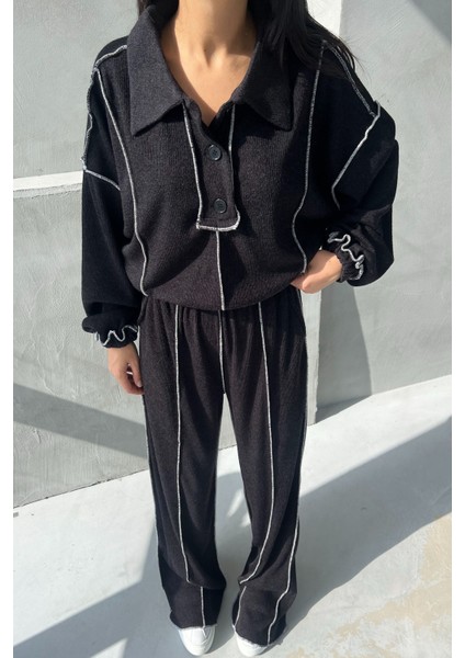 Siyah Ters Dikiş Detay Polo Yaka Triko Takım fırsatları