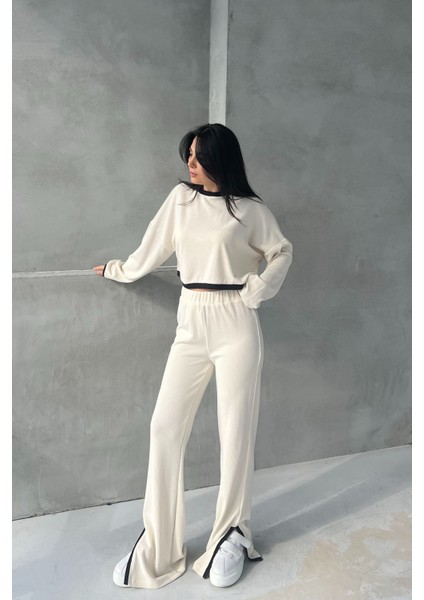 Krem Fitilli Uzun Kollu Crop Pantolon Takım