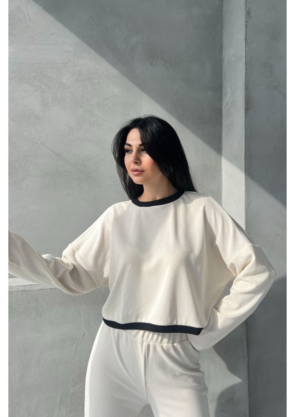 Krem Fitilli Uzun Kollu Crop Pantolon Takım