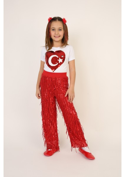Kız Çocuk Ay Yıldız Pul Payet Tişört Kırmızı Pul Pantolon Takım 23 Nisan 29 Ekim Gösteri Kıyafeti