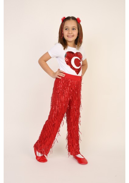 Kız Çocuk Ay Yıldız Pul Payet Tişört Kırmızı Pul Pantolon Takım 23 Nisan 29 Ekim Gösteri Kıyafeti fırsatları