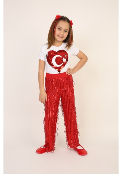 Kız Çocuk Ay Yıldız Pul Payet Tişört Kırmızı Pul Pantolon Takım 23 Nisan 29 Ekim Gösteri Kıyafeti indirimleri