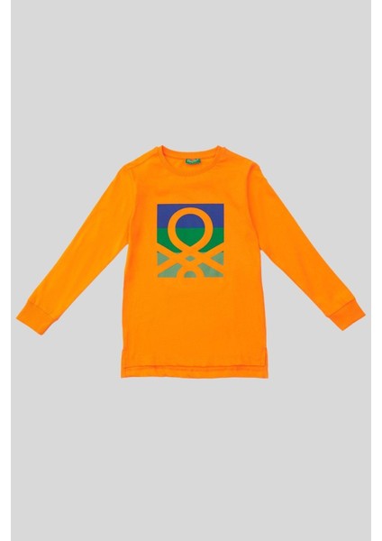 4-14 Yaş Benetton Bisiklet Yaka Kız Çocuk Sweatshirt Turuncu