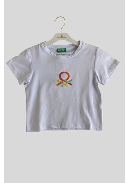 4-14 Yaş Benetton Sim Baskı Kız Çocuk Tişört Beyaz