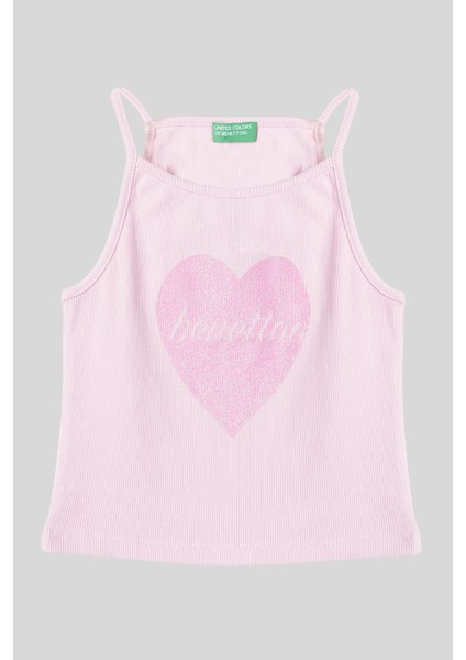 4-14 Yaş Benetton Kalp Baskılı Kız Çocuk Atlet Pembe