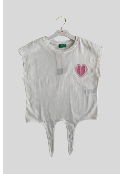 4-14 Yaş Benetton Simli Kalp Baskılı Kız Çocuk Tişört