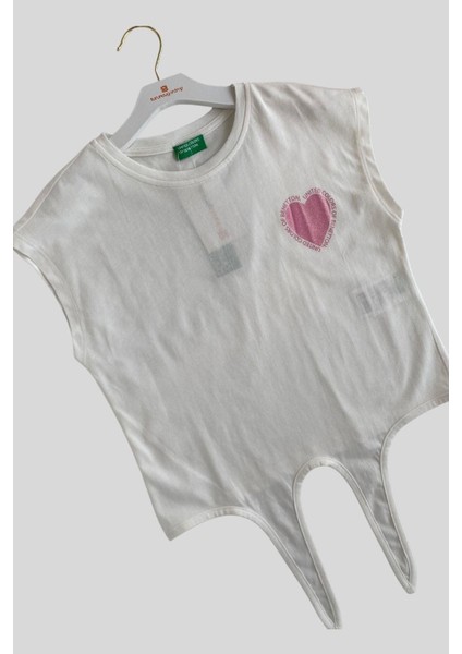 4-14 Yaş Benetton Simli Kalp Baskılı Kız Çocuk Tişört fiyatları