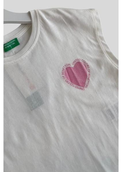 4-14 Yaş Benetton Simli Kalp Baskılı Kız Çocuk Tişört modelleri