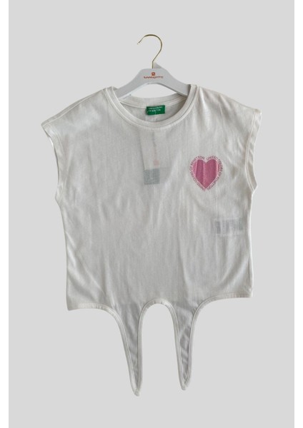 4-14 Yaş Benetton Simli Kalp Baskılı Kız Çocuk Tişört fırsatları