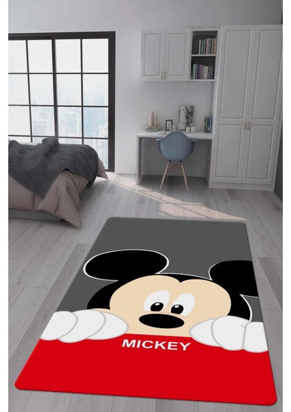Kaymaz Taban Makinada Yıkanabilir Dijital Baskı Mickey Mouse Desenli Genç Odası Halısı Dot Taban Halı GNC38