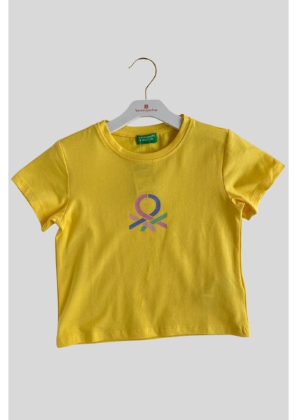 4-14 Yaş Benetton Sim Baskı Kız Çocuk Tişört Sarı