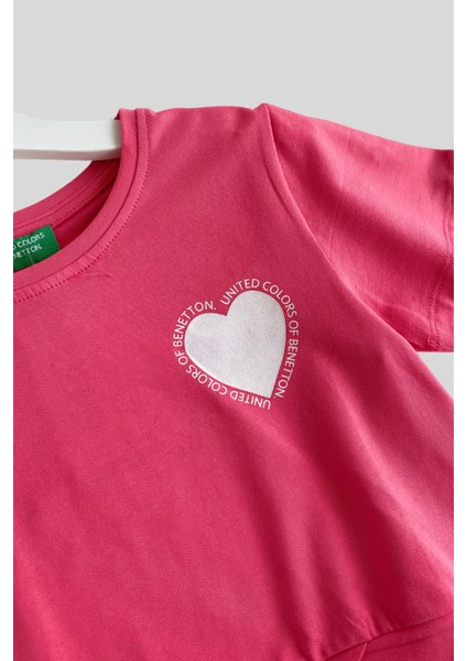 4-14 Yaş Benetton Kalp Baskı Kız Çocuk T-Shirt Fuşya fiyatları