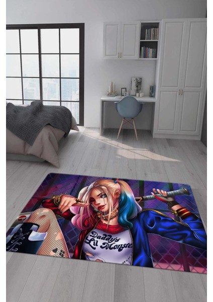 Kaymaz Taban Makinada Yıkanabilir Dijital Baskı Harley Quinn Desenli Genç Odası Halısı Dot Taban Halı GNC21