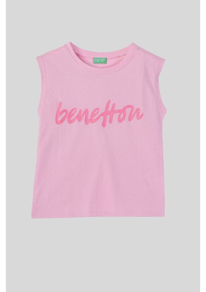 4-14 Yaş Benetton Simli Yazı Baskılı Kolsuz Kız Çocuk Atlet Pembe